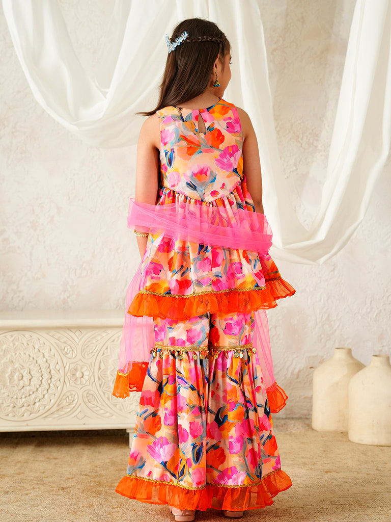 Pspeaches Girls Multi Ethnic Floral Print Rayon A-Line Kurta & Sharara With Dupatta ( Sku-Sha-Orangemuslin )