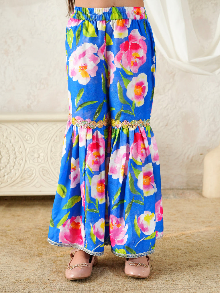 Pspeaches Girls Multi Ethnic Floral Print Rayon A-Line Kurta & Sharara With Dupatta ( Sku-Sha-Pinkwtrose )