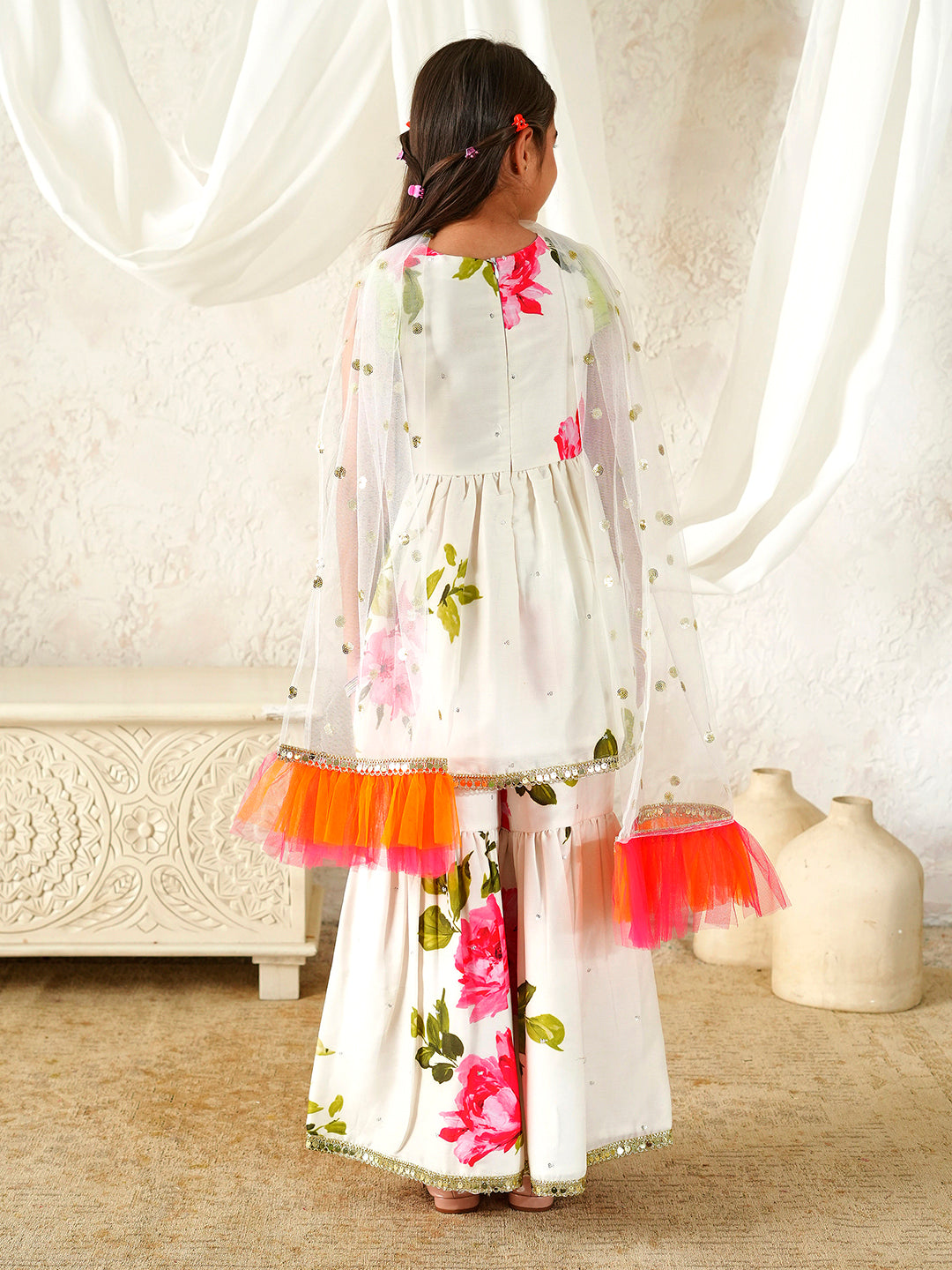 Pspeaches Girls White Ethnic Floral Print Muslin A-Line Kurta & Sharara With Dupatta ( Sku-Sha-Whiteviscos )