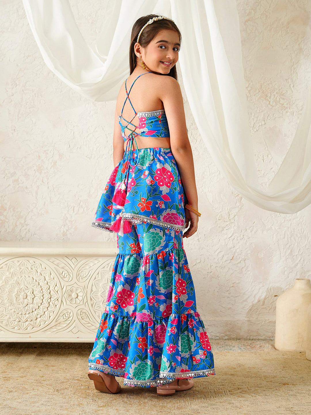 Pspeaches Girls Blue Ethnic Floral Print Rayon A-Line Kurta With Sharara Set ( Sku-Sha-Bluevoile )