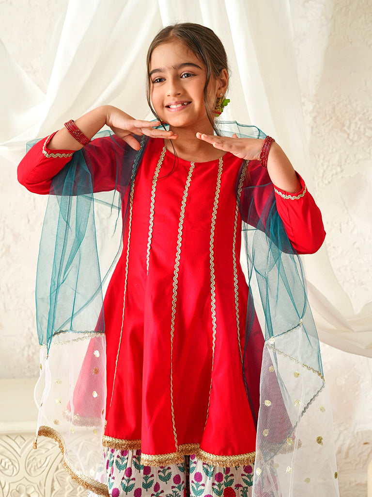 Pspeaches Girls Red Ethnic Floral Print Rayon A-Line Kurta & Sharara With Dupatta ( Sku-Sha-Redrayon )