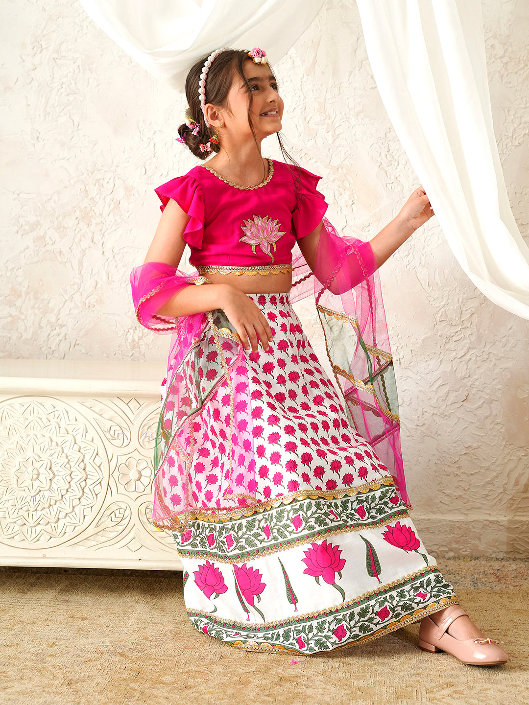 Pspeaches Girls Magenta & White Ethnic Booti Print Rayon Circular Lehenga & Choli With Dupatta ( Sku-L-Mglotuspatch )