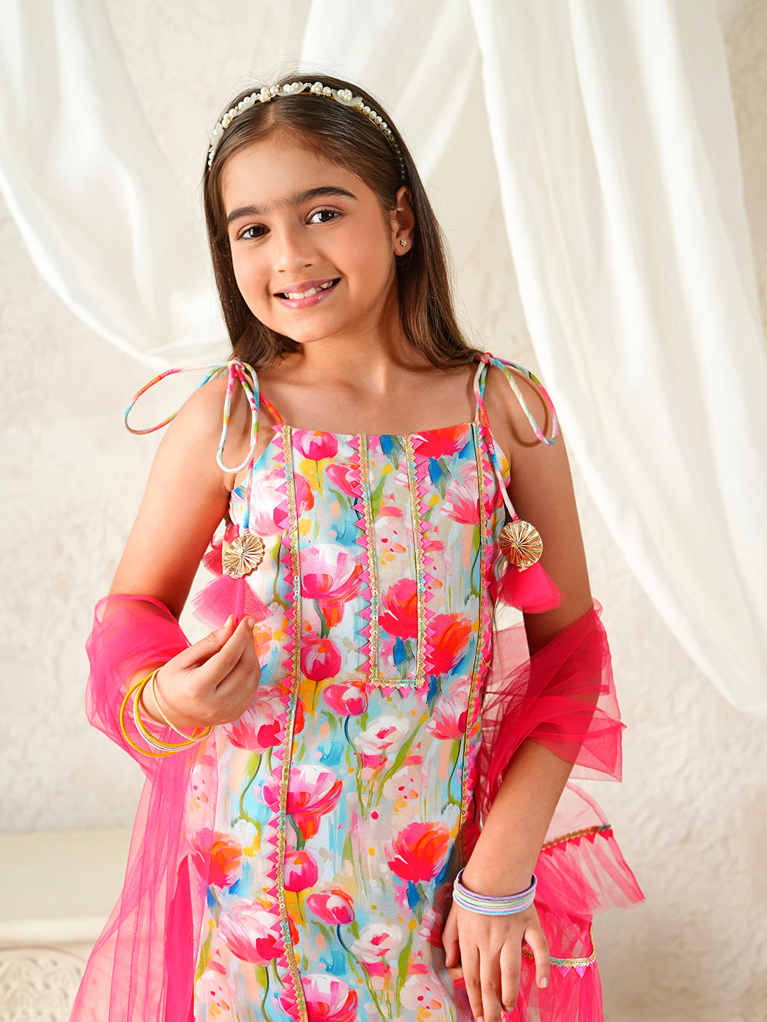 Pspeaches Girls Pink Ethnic Floral Print Rayon A-Line Kurta & Sharara With Dupatta ( Sku-Sha-Pinkmuslin )