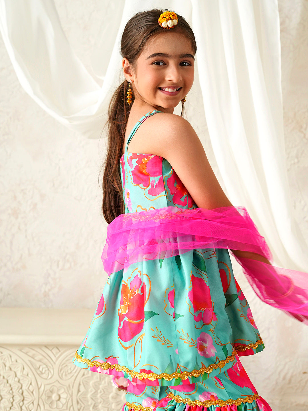 Pspeaches Girls Sea-Green Ethnic Floral Print Rayon A-Line Kurta & Sharara With Dupatta ( Sku-Sha-Tlgreenkota )