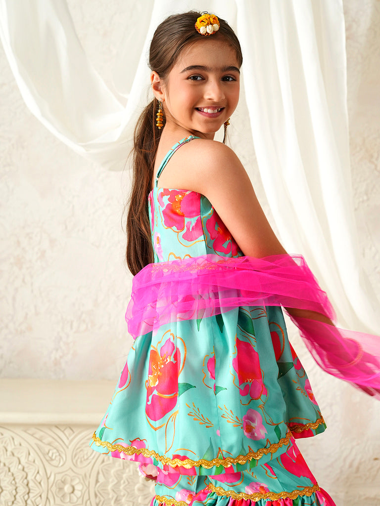 Pspeaches Girls Sea-Green Ethnic Floral Print Rayon A-Line Kurta & Sharara With Dupatta ( Sku-Sha-Tlgreenkota )