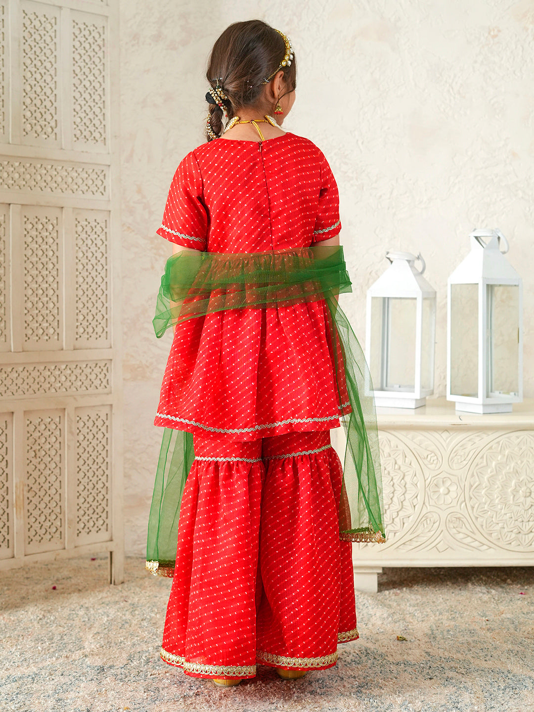 Pspeaches Girls Red Ethnic Leheriya Print Kota-Doria A-Line Kurta & Sharara With Dupatta ( Sku-Sha-Redleheriya )