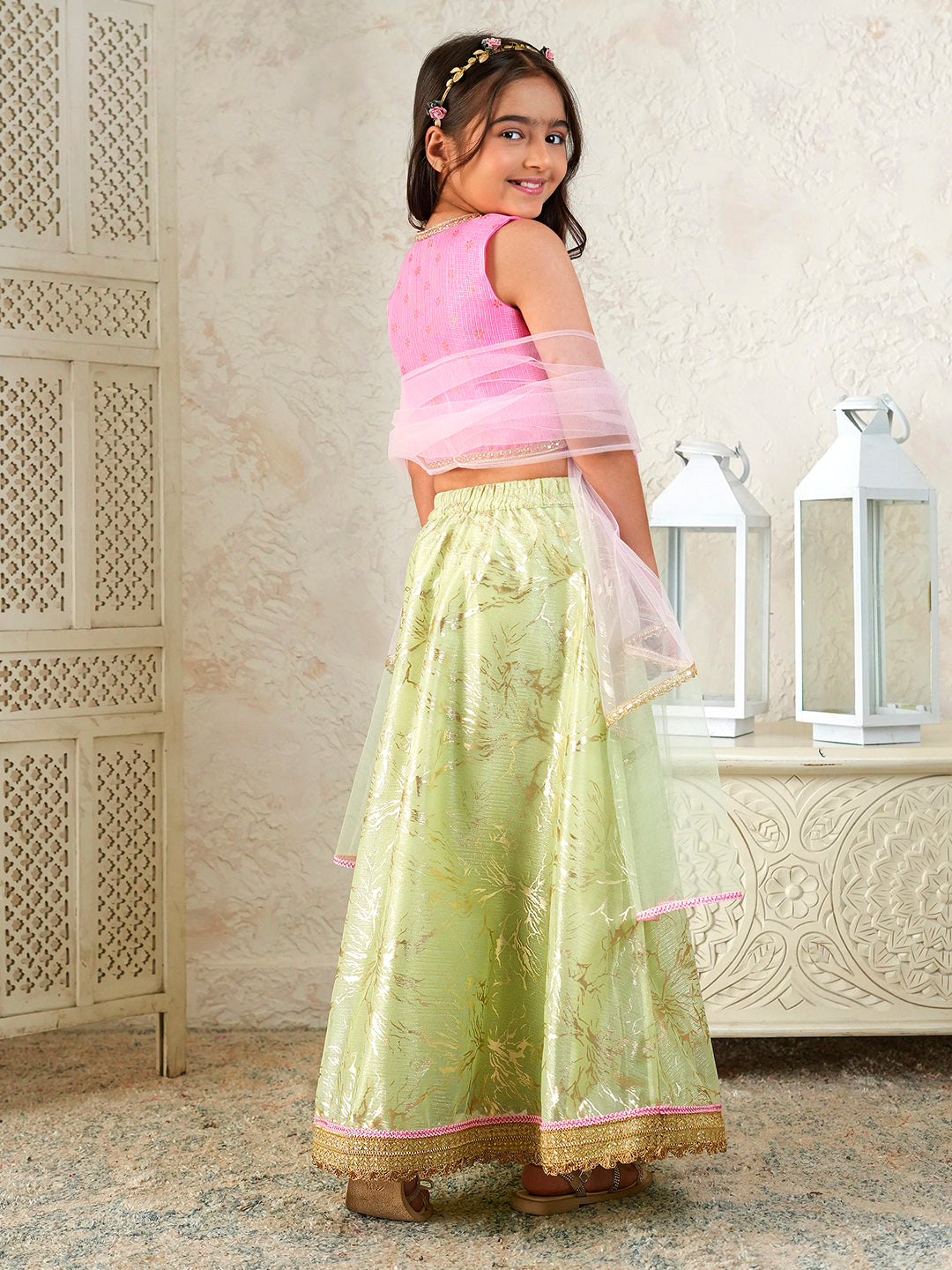 Pspeaches Girls Pink & Pista Green Ethnic Foil Print Kota Doria Circular Lehenga & Choli With Dupatta ( Sku-L-Greenshimmer )