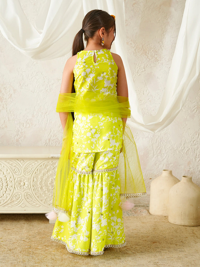 Pspeaches Girls Lime-Green Ethnic Floral Print Rayon A-Line Kurta & Sharara With Dupatta ( Sku-Sha-Limemuslin )