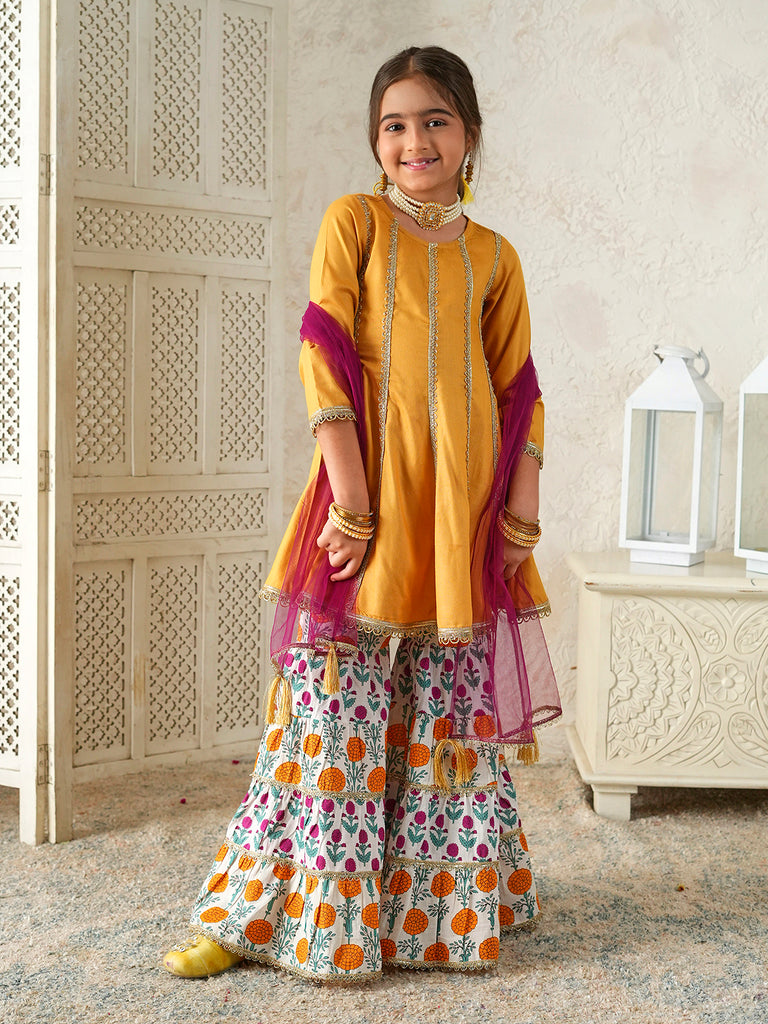Pspeaches Girls Mustard Ethnic Floral Print Rayon A- Line Kurta & Sharara With Dupatta ( Sku-Sha-Mustardrayon )