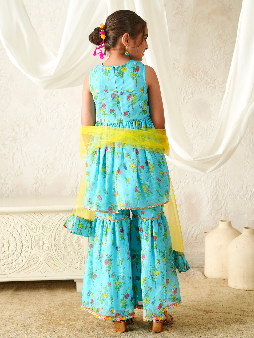 Pspeaches Girls Turquoise & Yellow Ethnic Floral Print Kota-Doria A-Line Kurta & Sharara With Dupatta ( Sku-Sha-Turqkota )