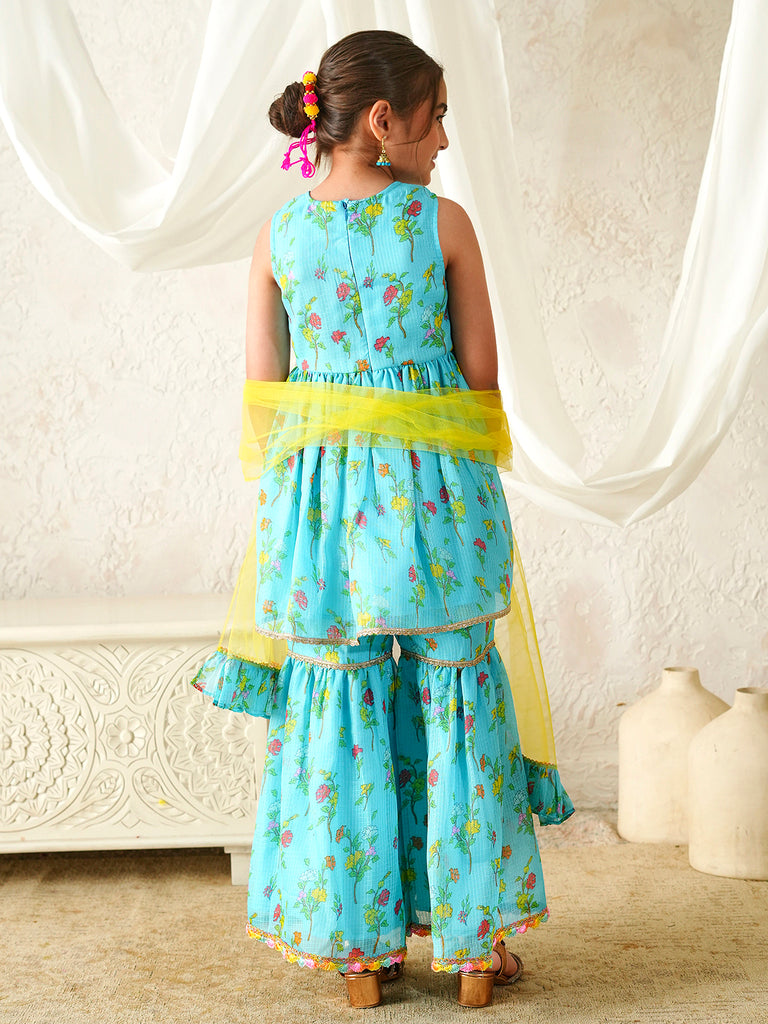 Pspeaches Girls Turquoise & Yellow Ethnic Floral Print Kota-Doria A-Line Kurta & Sharara With Dupatta ( Sku-Sha-Turqkota )