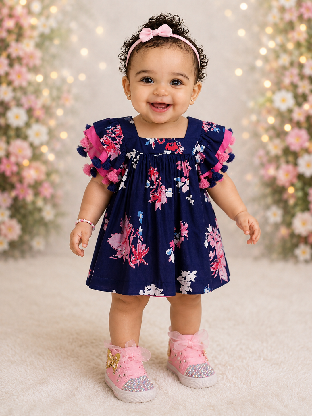 Pspeaches Baby Girl Navy Ethnic Floral Print Rayon A-Line Dress ( Sku-Ing-D-Navyfloraldress )
