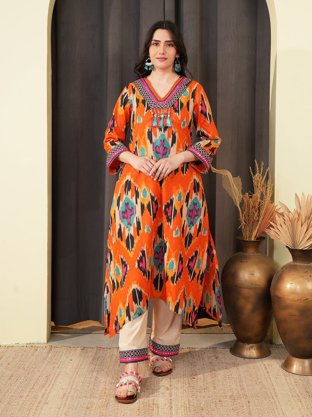 Orange Ikkat Printed Kurta Set