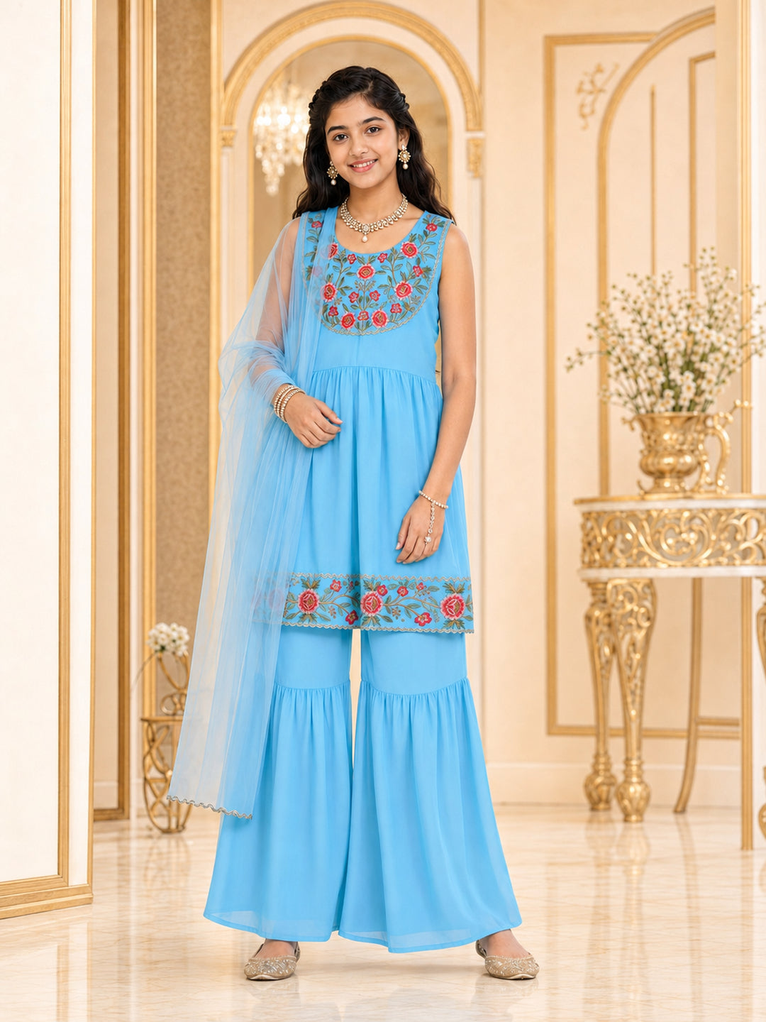 Pspeaches Girls Georgette Sleeveless Round Neck Embroidered Firozi Kurti & Sharara With Dupatta 3 Piece Set