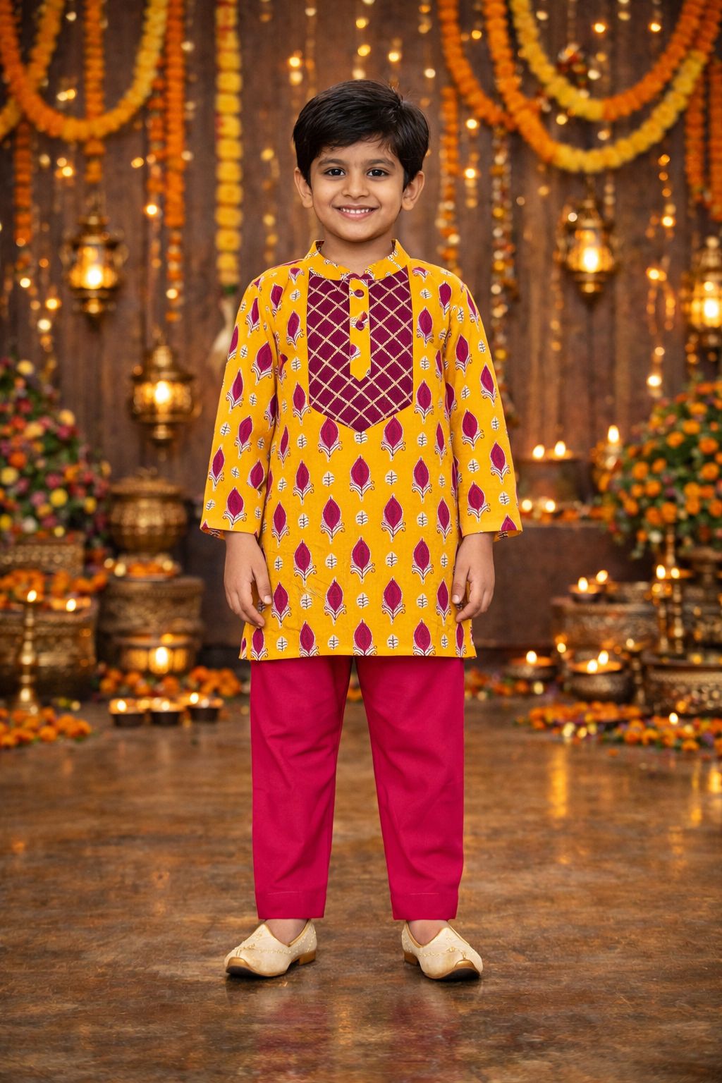 Pspeaches Boys Yellow Ethnic Gota Work Cotton A-Line Kurta With Pyjama Set ( Sku-Kp-Yellowbooti )