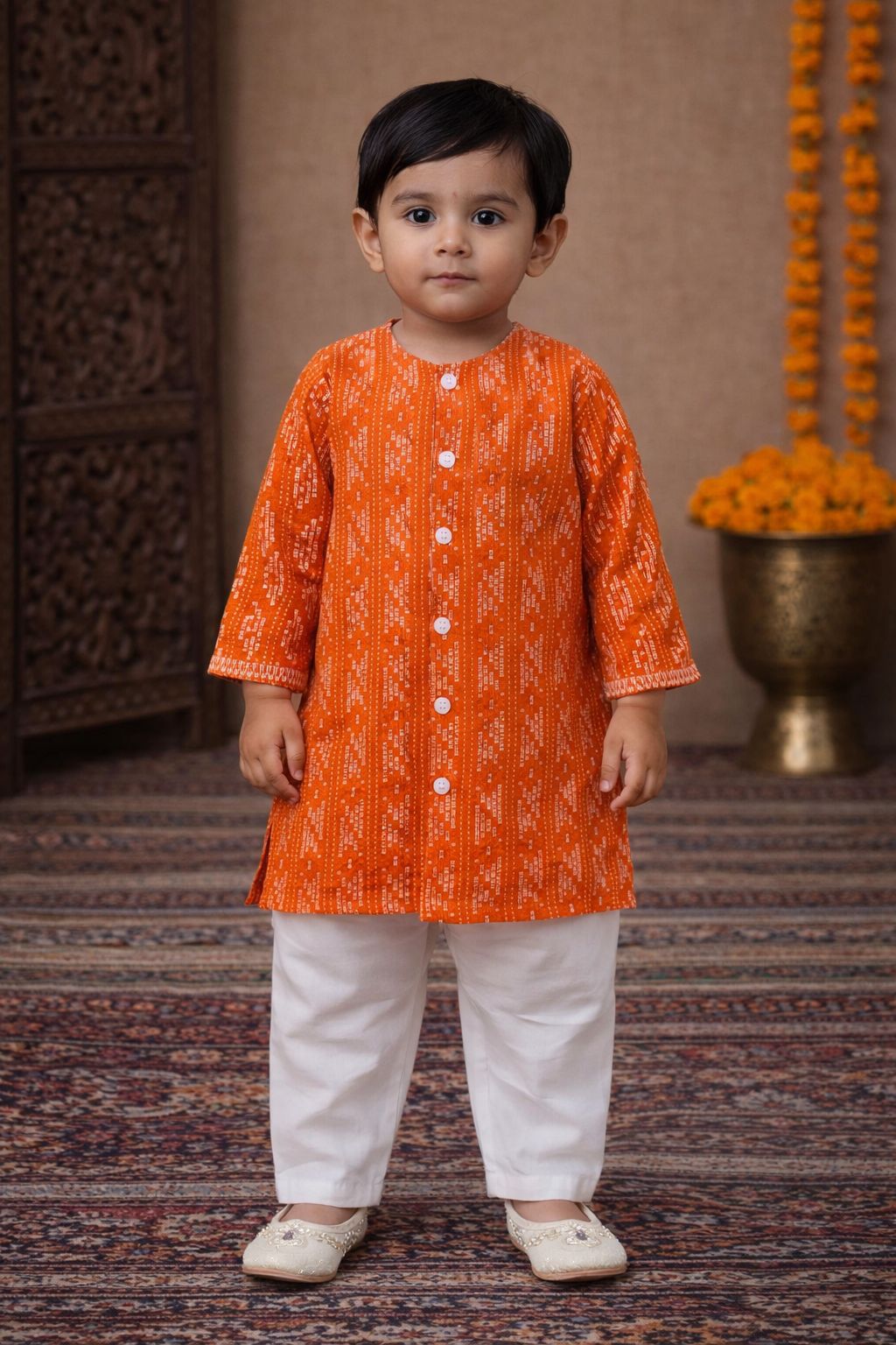Pspeaches Baby Boys Orange & White Ethnic Dobby Cotton Straight Fit Kurta With Pyjama Set ( Sku-Inb-Orangedobby )
