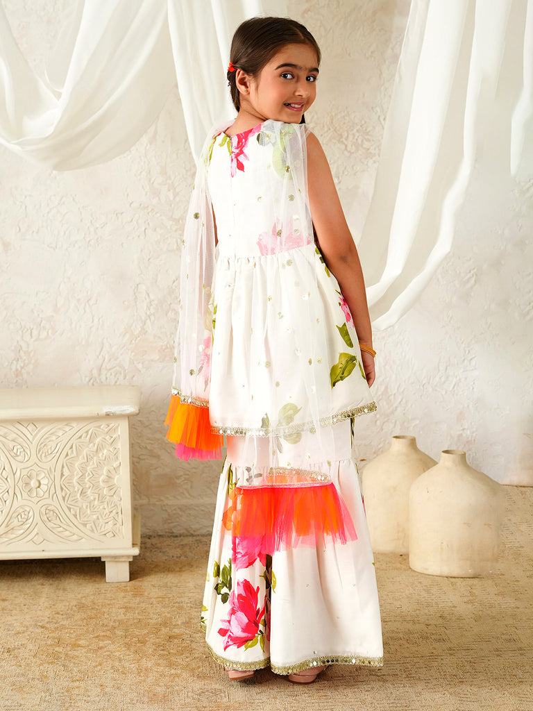 Pspeaches Girls White Ethnic Floral Print Muslin A-Line Kurta & Sharara With Dupatta ( Sku-Sha-Whiteviscos )