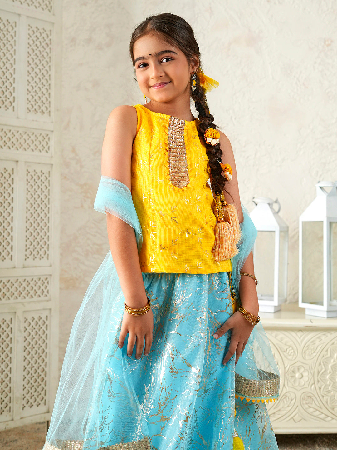 Pspeaches Girls Yellow & Sky Blue Ethnic Foil Print Kota Doria Circular Lehenga & Choli With Dupatta ( Sku-L-Blueshimmer )