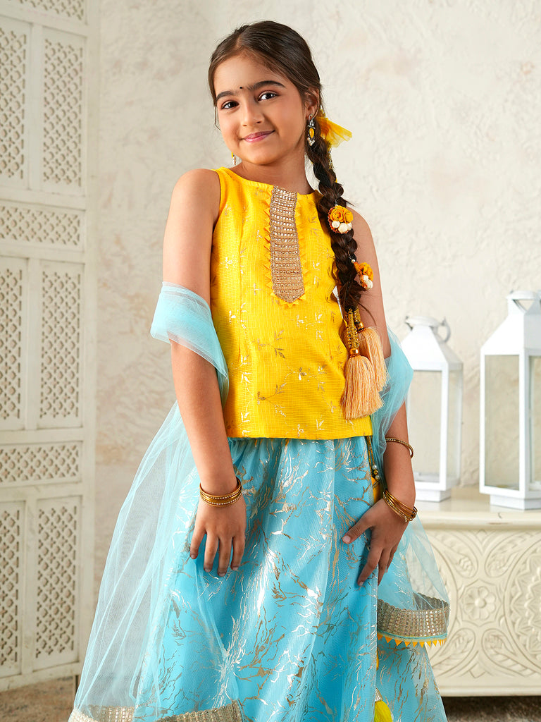 Pspeaches Girls Yellow & Sky Blue Ethnic Foil Print Kota Doria Circular Lehenga & Choli With Dupatta ( Sku-L-Blueshimmer )
