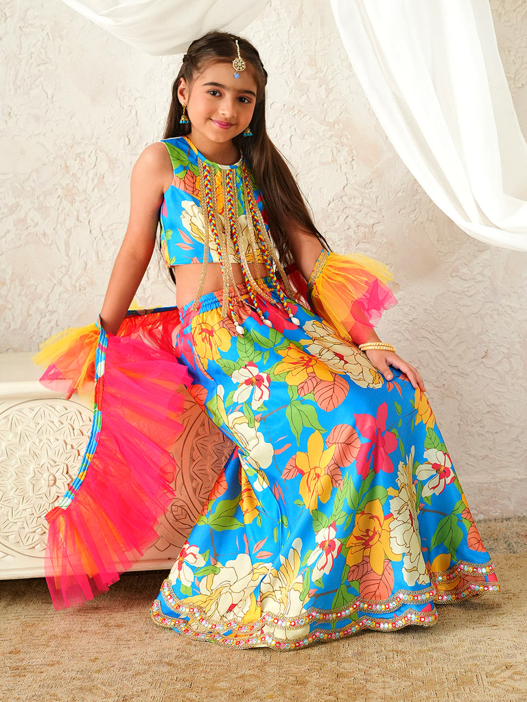 Pspeaches Girls Multi Ethnic Floral Print Satin Circular Lehenga & Choli With Dupatta ( Sku-L-Bluecrepe )