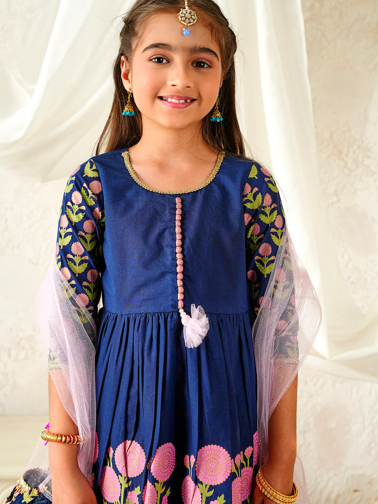 Pspeaches Girls Blue Ethnic Floral Print Cotton A-Line Kurta & Sharara With Dupatta ( Sku-Sha-Navyblcambric )