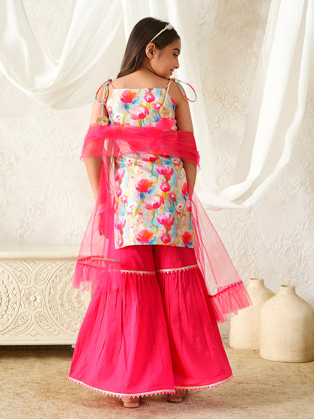 Pspeaches Girls Pink Ethnic Floral Print Rayon A-Line Kurta & Sharara With Dupatta ( Sku-Sha-Pinkmuslin )