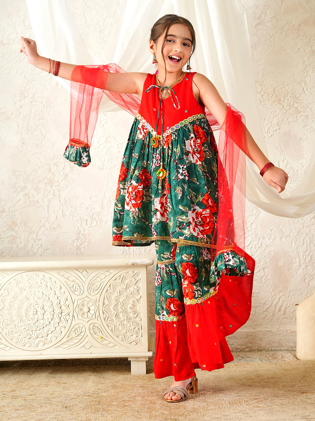 Pspeaches Girls Red & Green Ethnic Floral Print Cotton A-Line Kurta & Sharara With Dupatta ( Sku-Sha-Redgreenmirror )