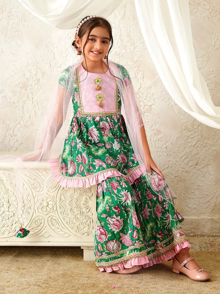 Pspeaches Girls Pink & Green Ethnic Floral Print Cotton A-Line Kurta & Sharara With Dupatta ( Sku-Sha-Greenlurex )