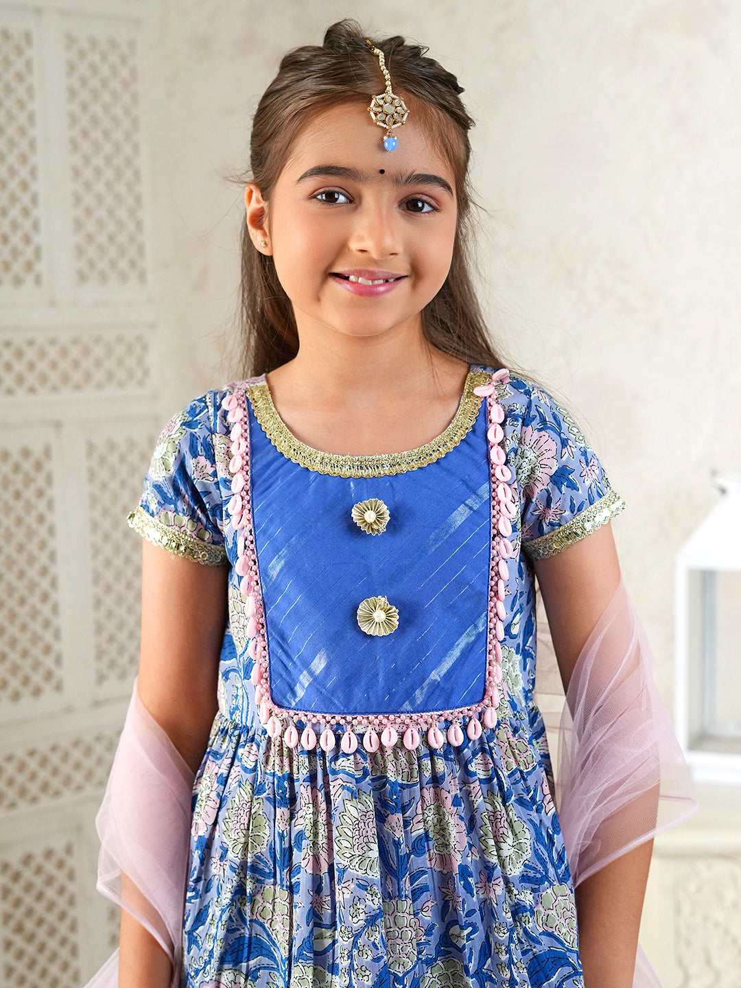 Pspeaches Girls Blue Ethnic Floral Print Cotton A-Line Kurta & Sharara With Dupatta ( Sku-Sha-Bluelurex )