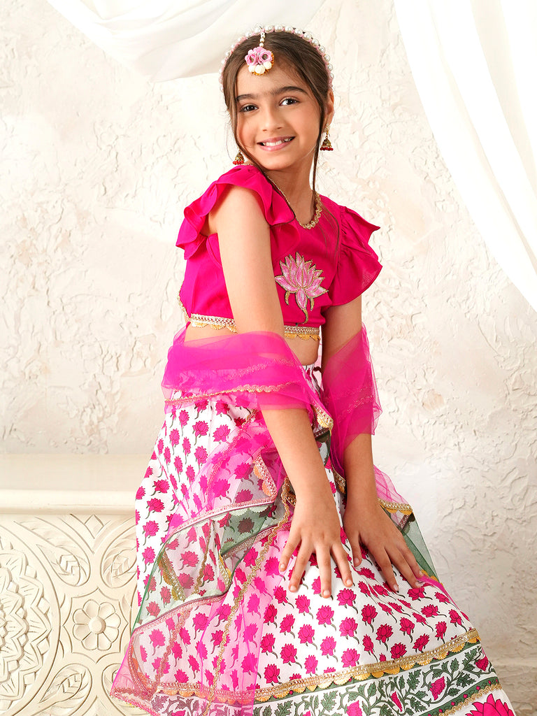 Pspeaches Girls Magenta & White Ethnic Booti Print Rayon Circular Lehenga & Choli With Dupatta ( Sku-L-Mglotuspatch )