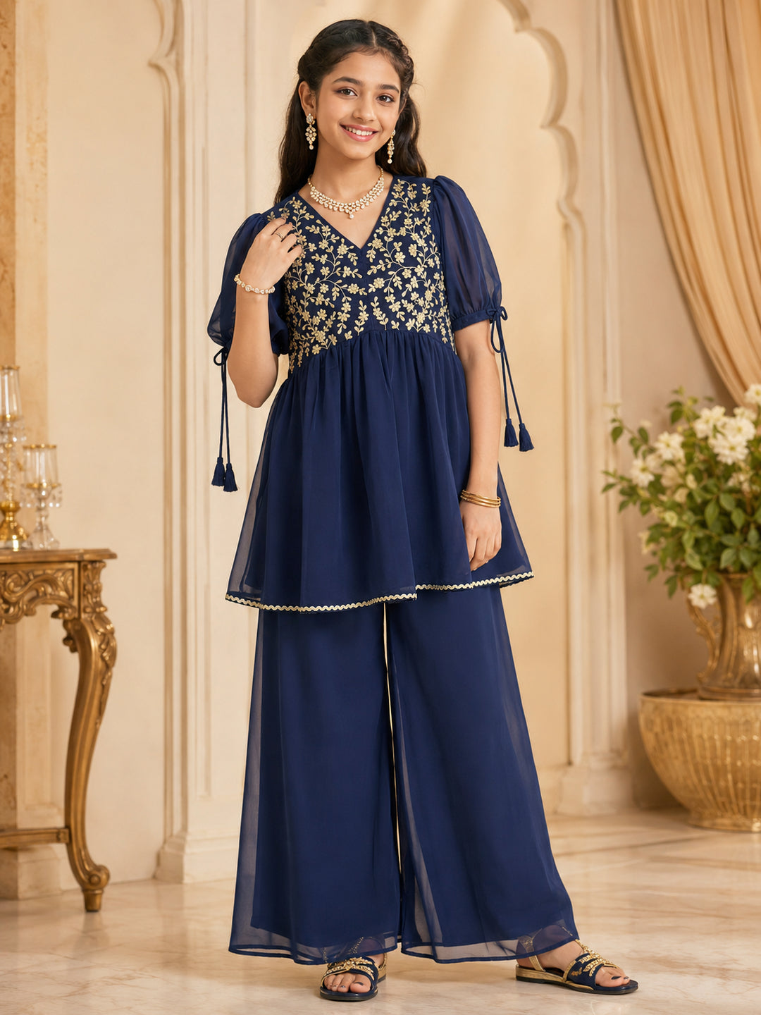 Pspeaches Girls Georgette Half Sleeves V-Neck Embroidered Teal Kurti & Palazzo 2 Piece Set