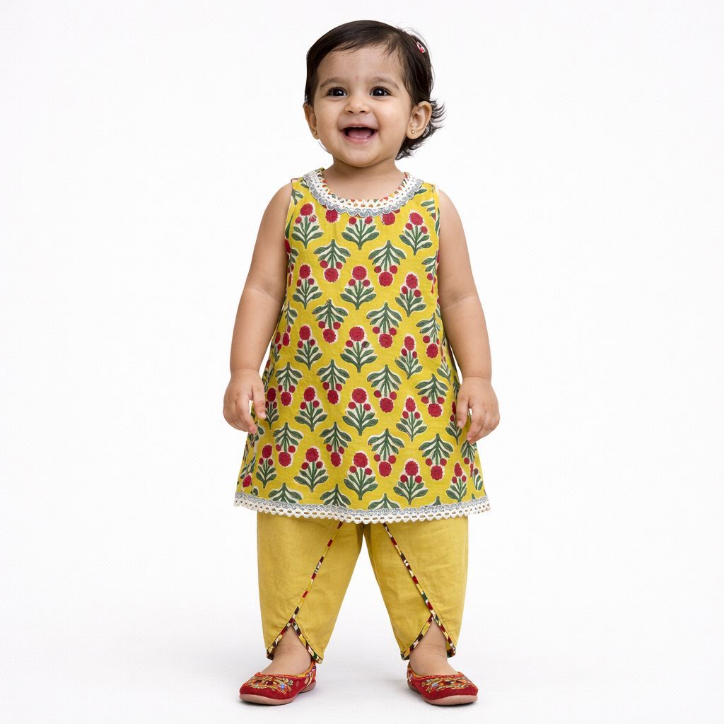 Pspeaches Baby Girls Yellow Ethnic Booti Print Cotton A-Line Kurta With Dhoti Pant Set ( Sku-Ing-Yellowbooti )