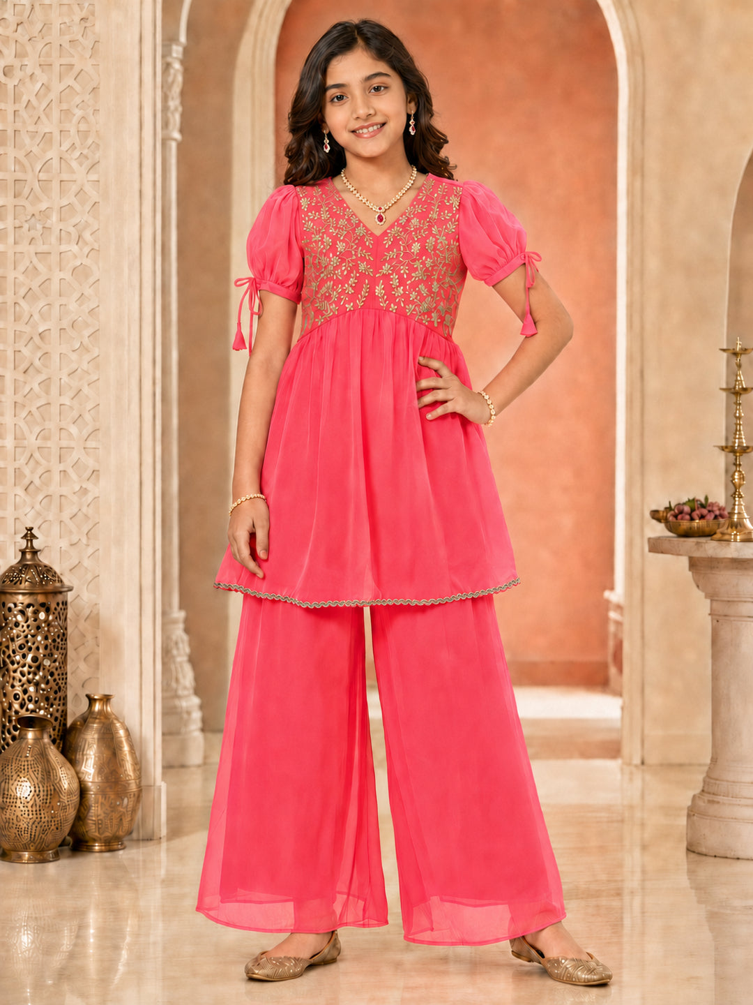 Pspeaches Girls Georgette Half Sleeves V-Neck Embroidered Peach Kurti & Palazzo 2 Piece Set