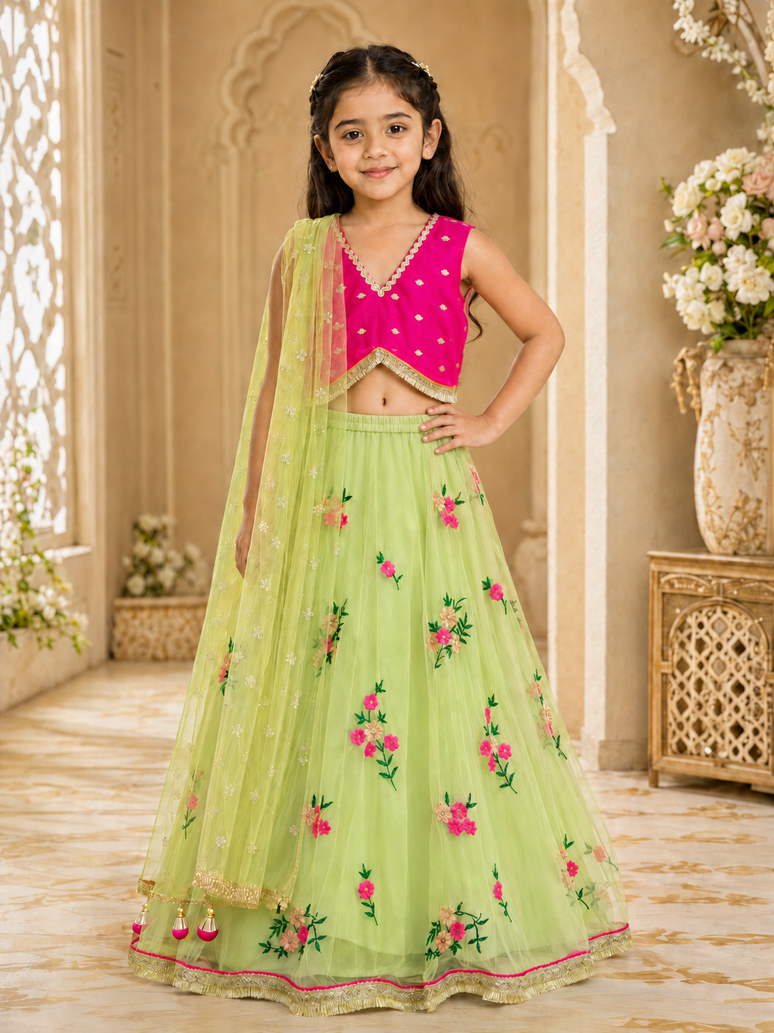 Girls Embroidered Fitted Lehenga Choli With Dupatta (L-GRNMGTAFFETA)