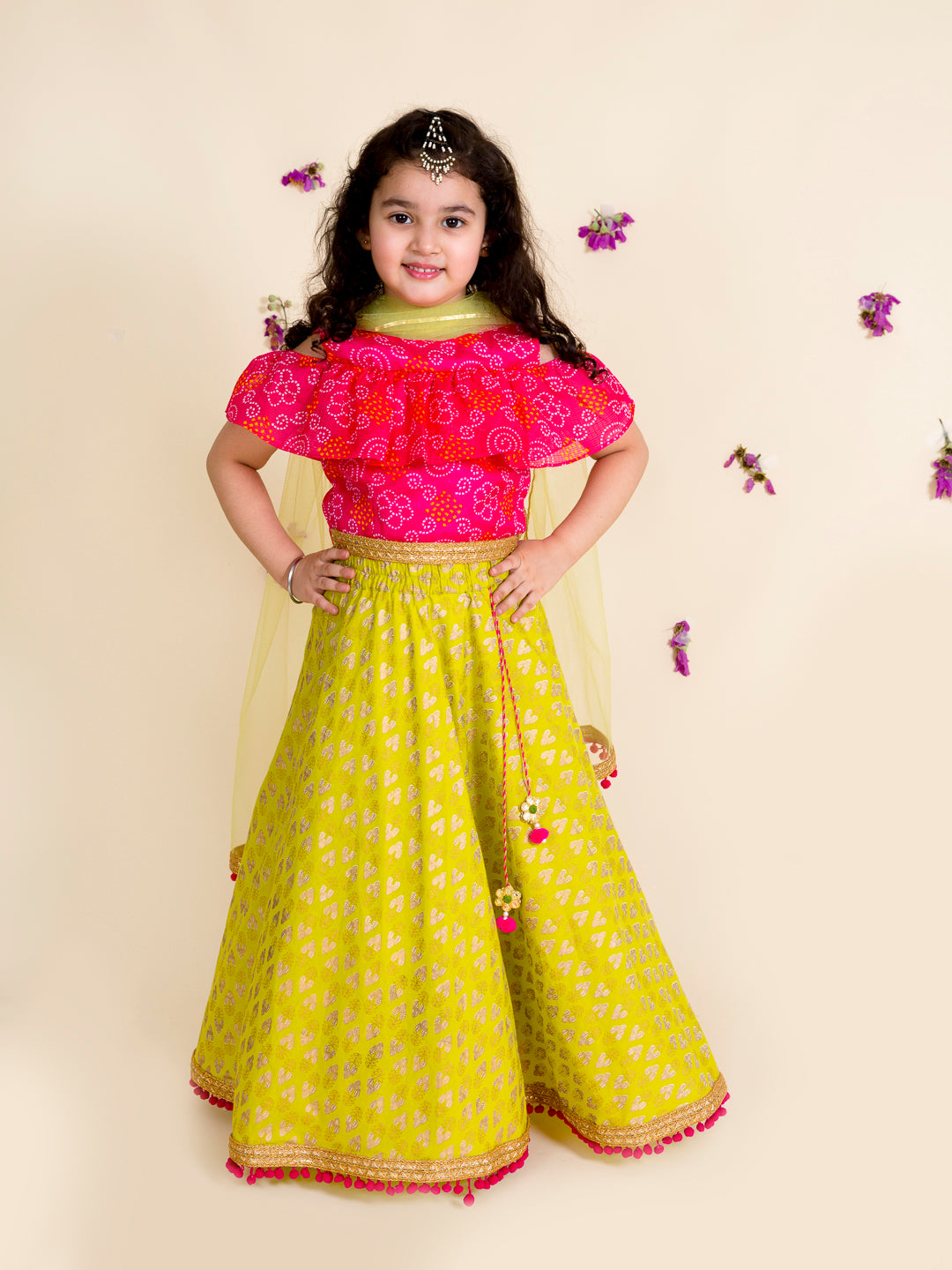 Girls Green & Pink Printed Ready to Wear Lehenga & Blouse With Dupatta (L-green foil)
