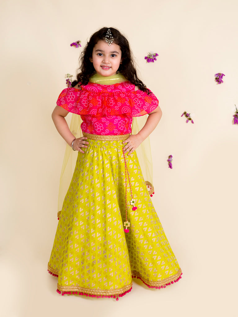 Girls Green & Pink Printed Ready to Wear Lehenga & Blouse With Dupatta (L-green foil)