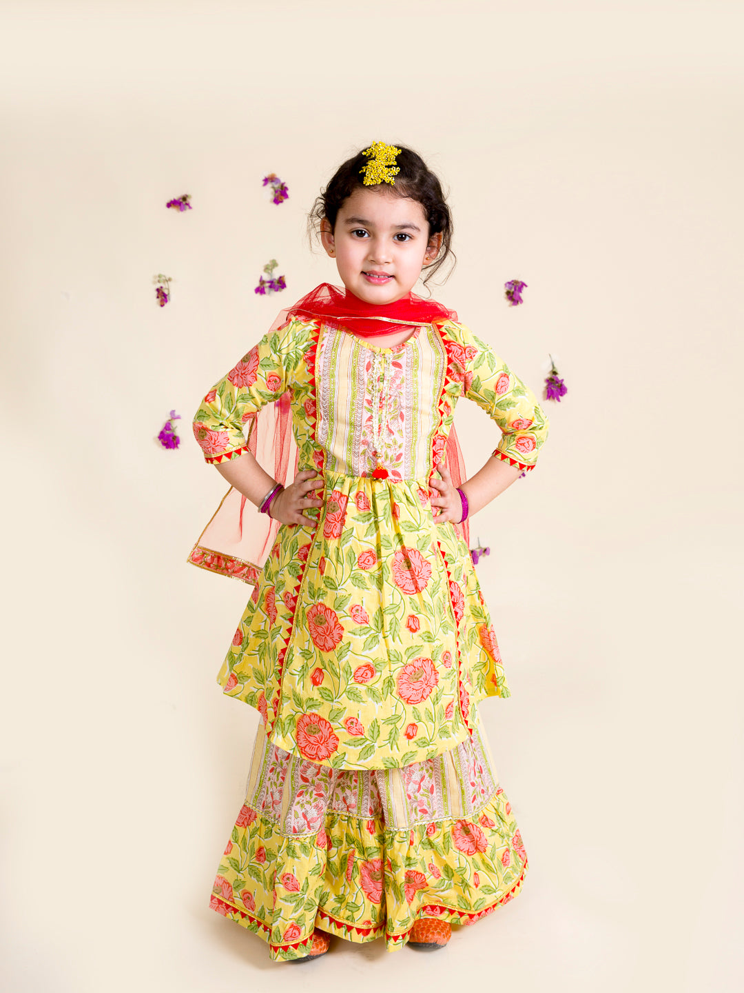 Pspeaches Girls Yellow Floral Printed Pleated Pure Cotton Kurta With Sharara With Dupatta (SHA-YELLOW RED FLORAL)