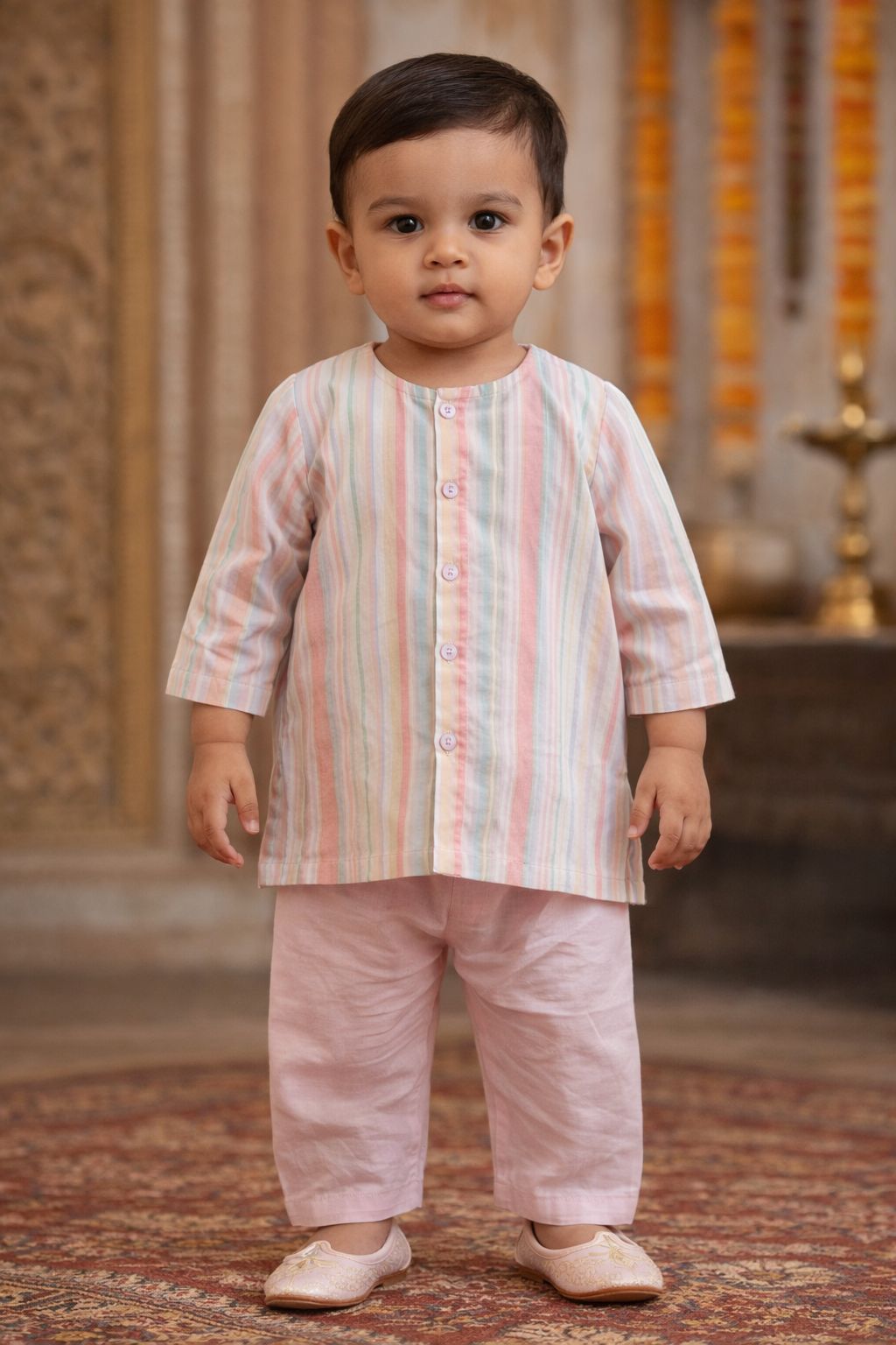 Pspeaches Baby Boys Multi Ethnic Stripe Cotton Straight Fit Kurta With Pyjama Set ( Sku-Inb-Lurexstripes )