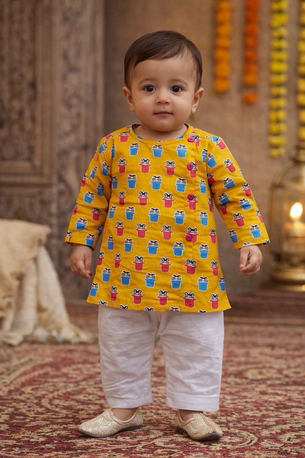 Pspeaches Baby Boys Yellow & White Ethnic Printed Cotton Straight Fit Kurta With Pyjama Set ( Sku-Inb-Yellowmoustache )