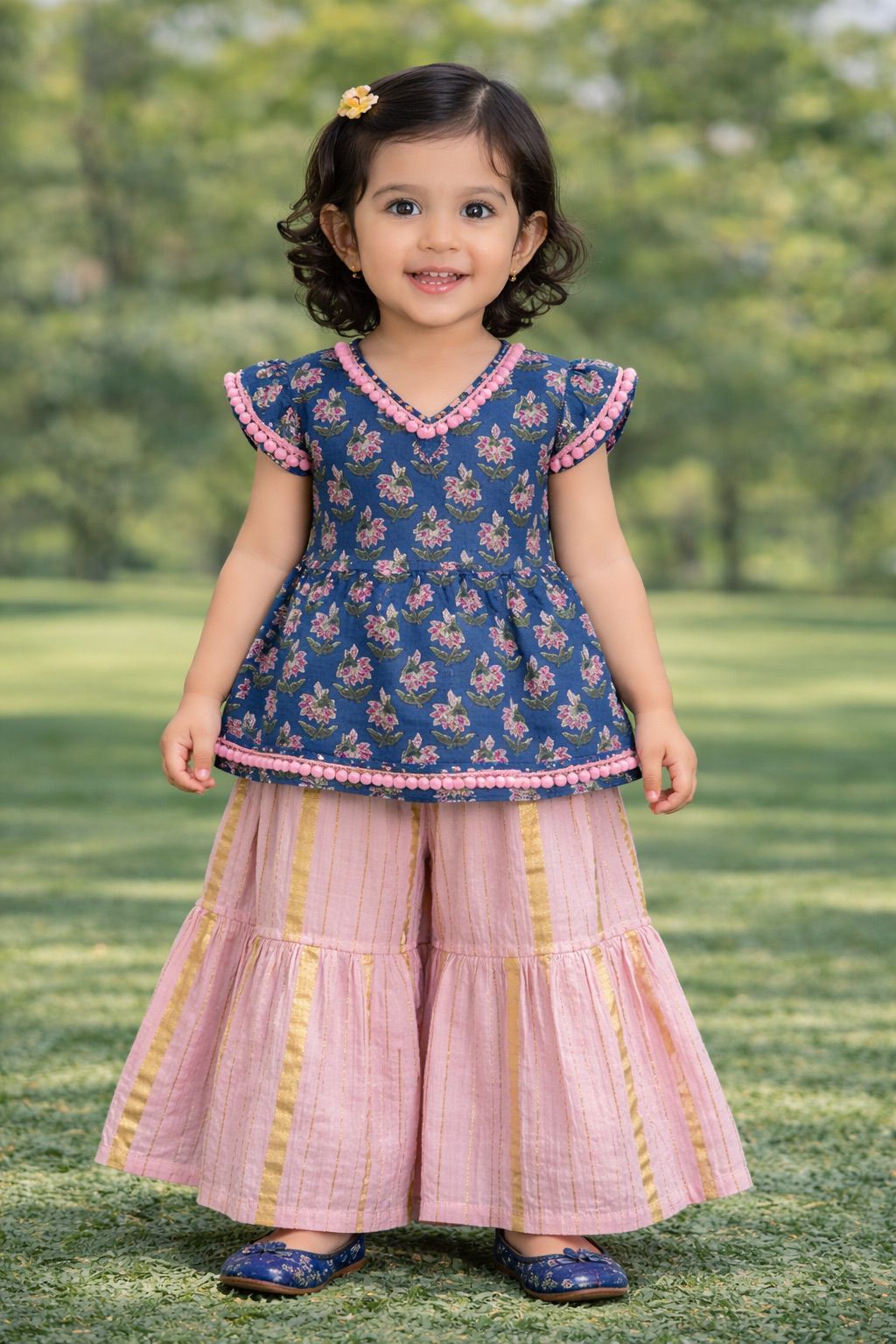 Pspeaches Baby Girls Blue & Pink Ethnic Booti Print Cotton A-Line Kurta With Sharara Set ( Sku-Ing-Bluepink )