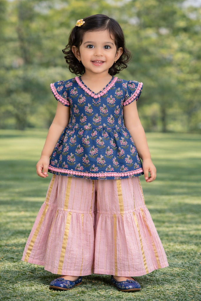 Pspeaches Baby Girls Blue & Pink Ethnic Booti Print Cotton A-Line Kurta With Sharara Set ( Sku-Ing-Bluepink )