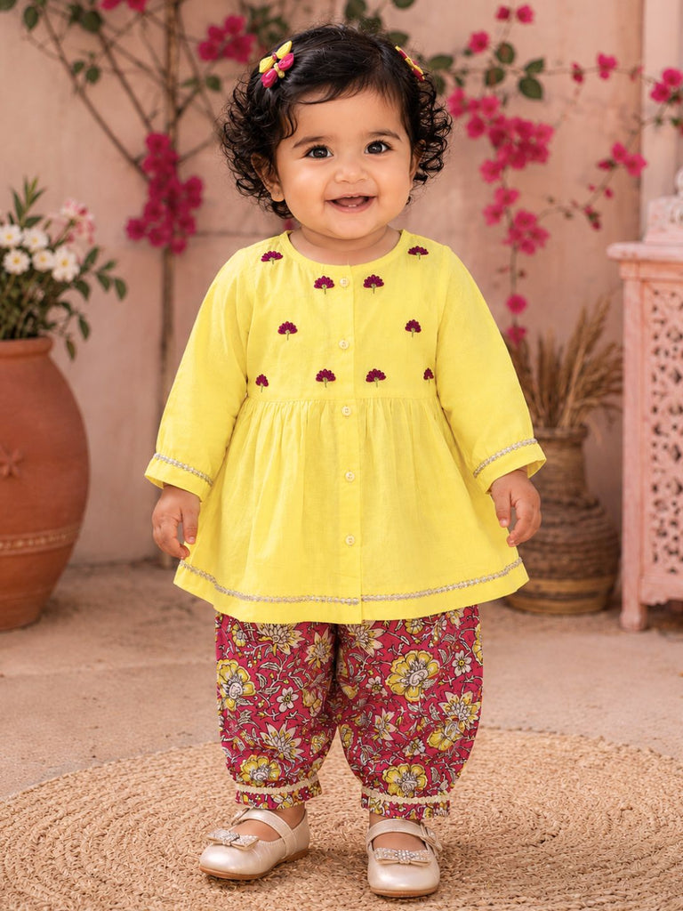 Pspeaches Baby Girl Yellow Ethnic Floral Print Cotton Peplum Set Kurta With Pant ( Sku-Ing-Ks-Yellowpeplum )