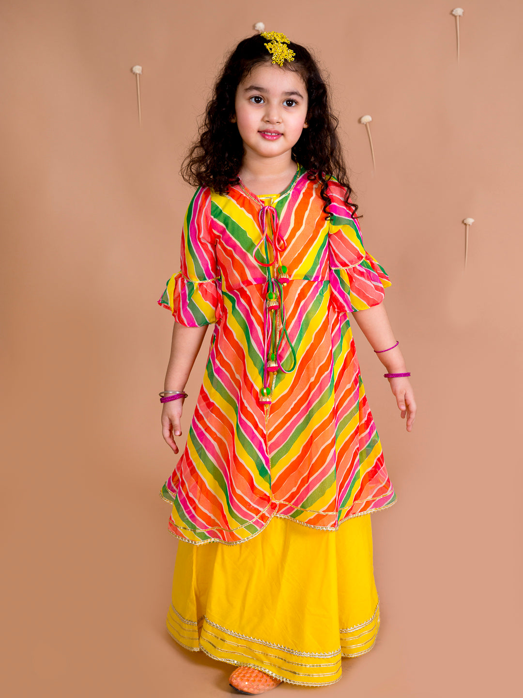 Pspeaches Girls Yellow & Orange Geometric Printed Bell Sleeves Kurta (IW-Leheriyaggt)
