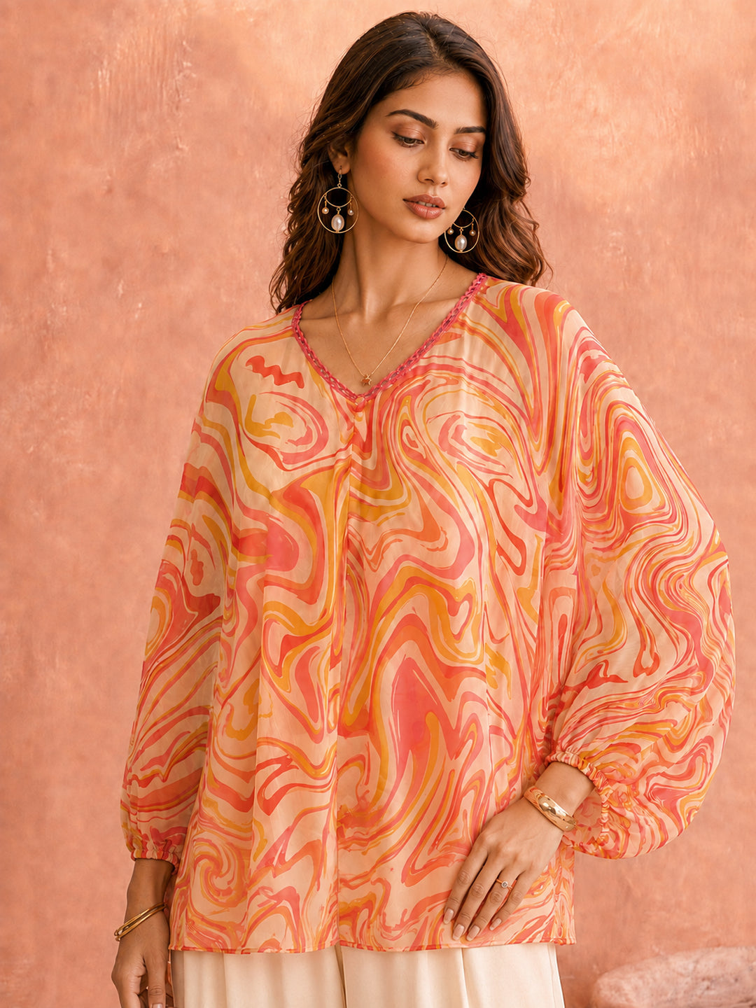 Pspeaches Women Georgette Full Sleeves V-Neck Abstract Print Top With Camisole - Orange
