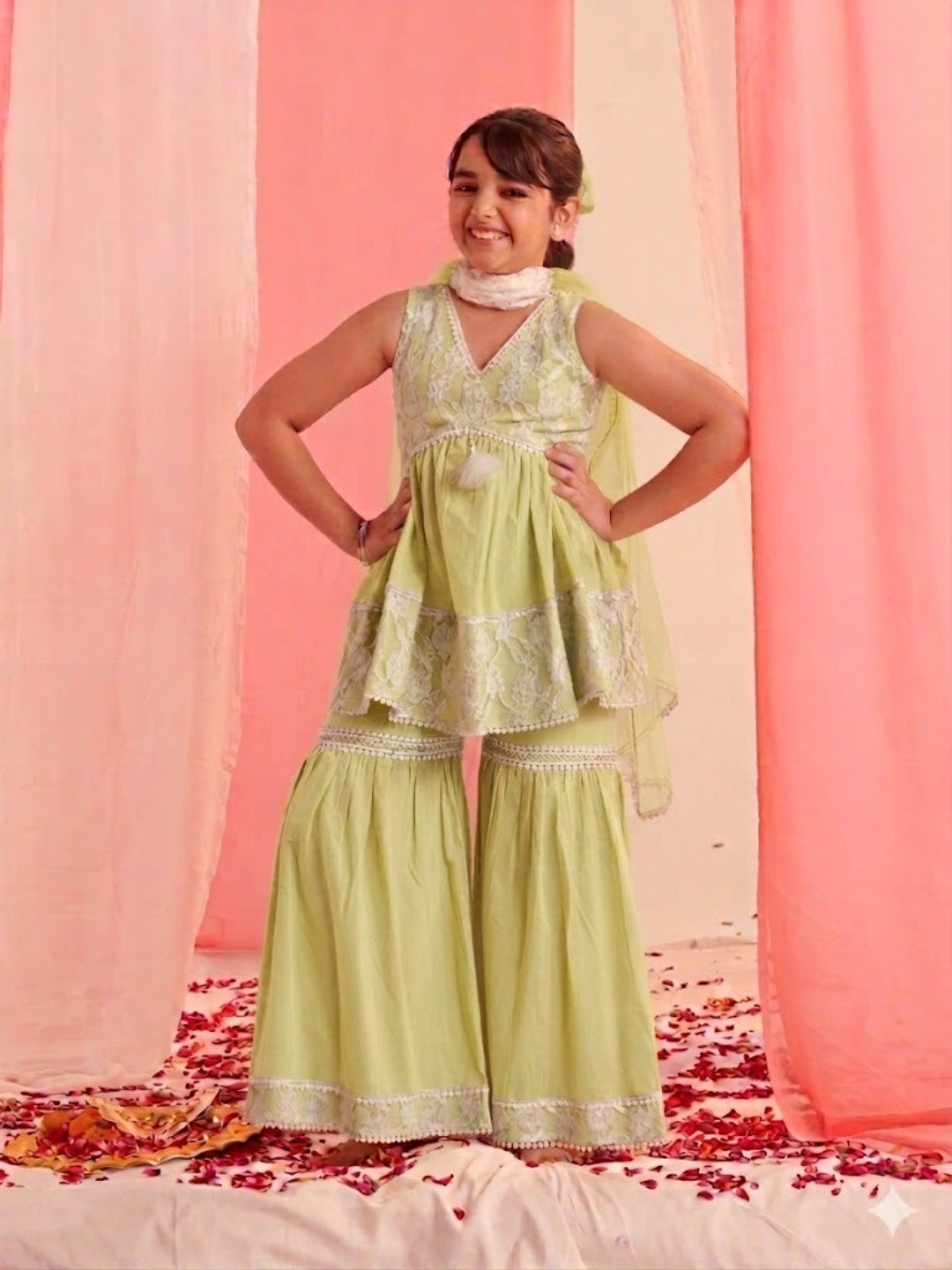 Pspeaches Girls Ethnic Lime Green Floral Printed Cotton A-Line Kurta Sharara Set With Dupatta (Sku-Sha-Limewtnet)
