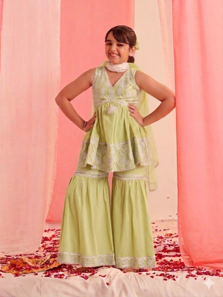 Pspeaches Girls Ethnic Lime Green Floral Printed Cotton A-Line Kurta Sharara Set With Dupatta (Sku-Sha-Limewtnet)