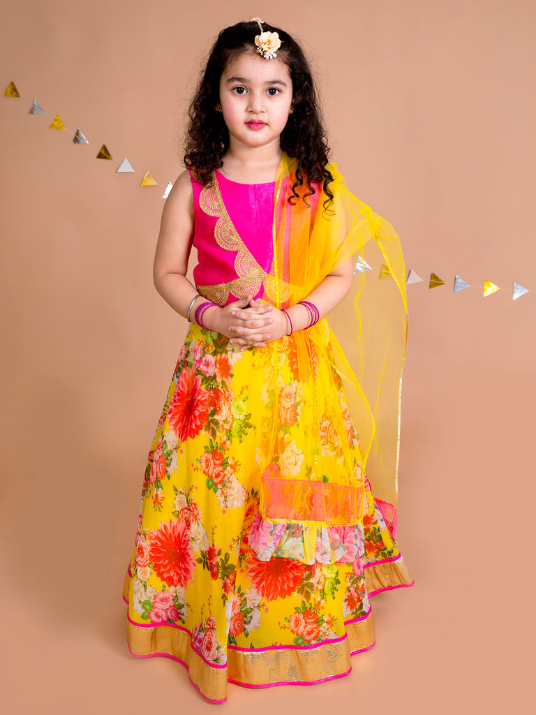 Pspeaches Girls Yellow Pink Embroidered Ready To Wear Lehenga Blouse With Dupatta (L-YELLOW FLORAL GGT)