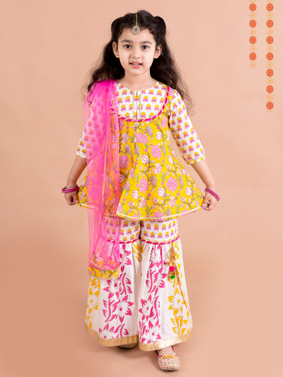 Pspeaches Girls Yellow Floral Printed Pure Cotton Kurti with Sharara & With Dupatta (SHA-Yellowpanel)
