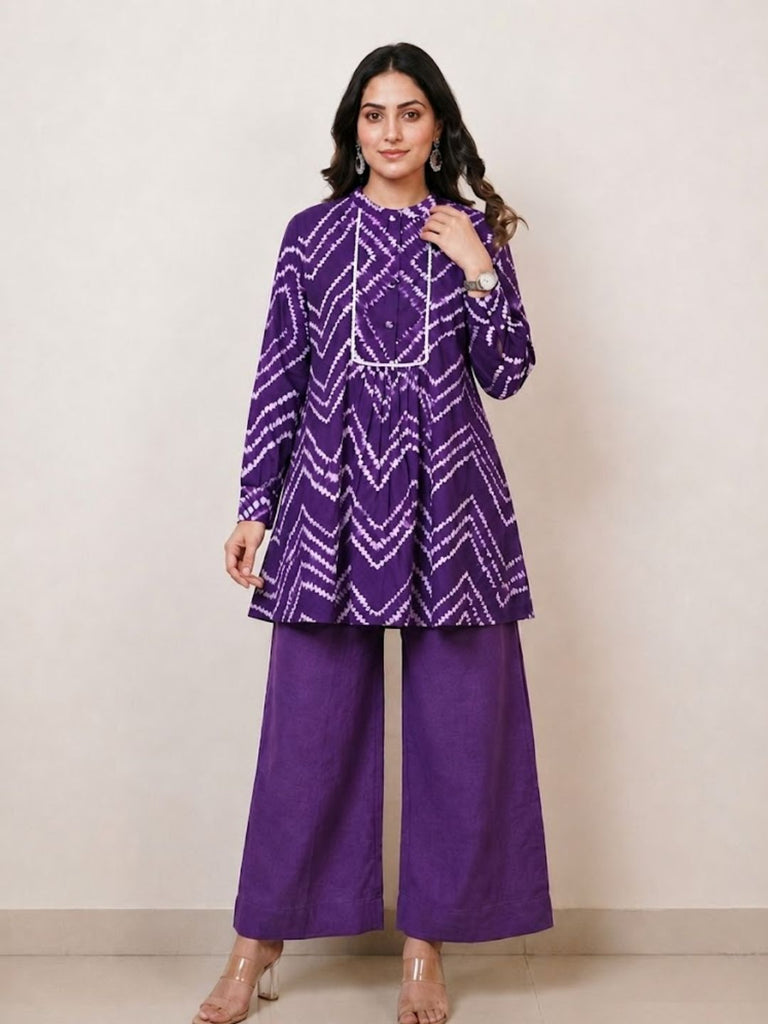 Pspeaches Women Cotton Full Sleeves Mandarin Collar Bandhani Print Kurta With Pant 2 Piece Set - Purple