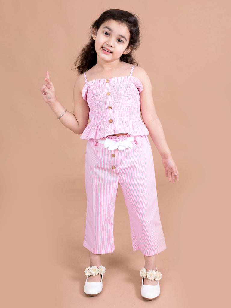 Pspeaches Girls Pink White Solid Co-Ords (S-PINK STRIPES)
